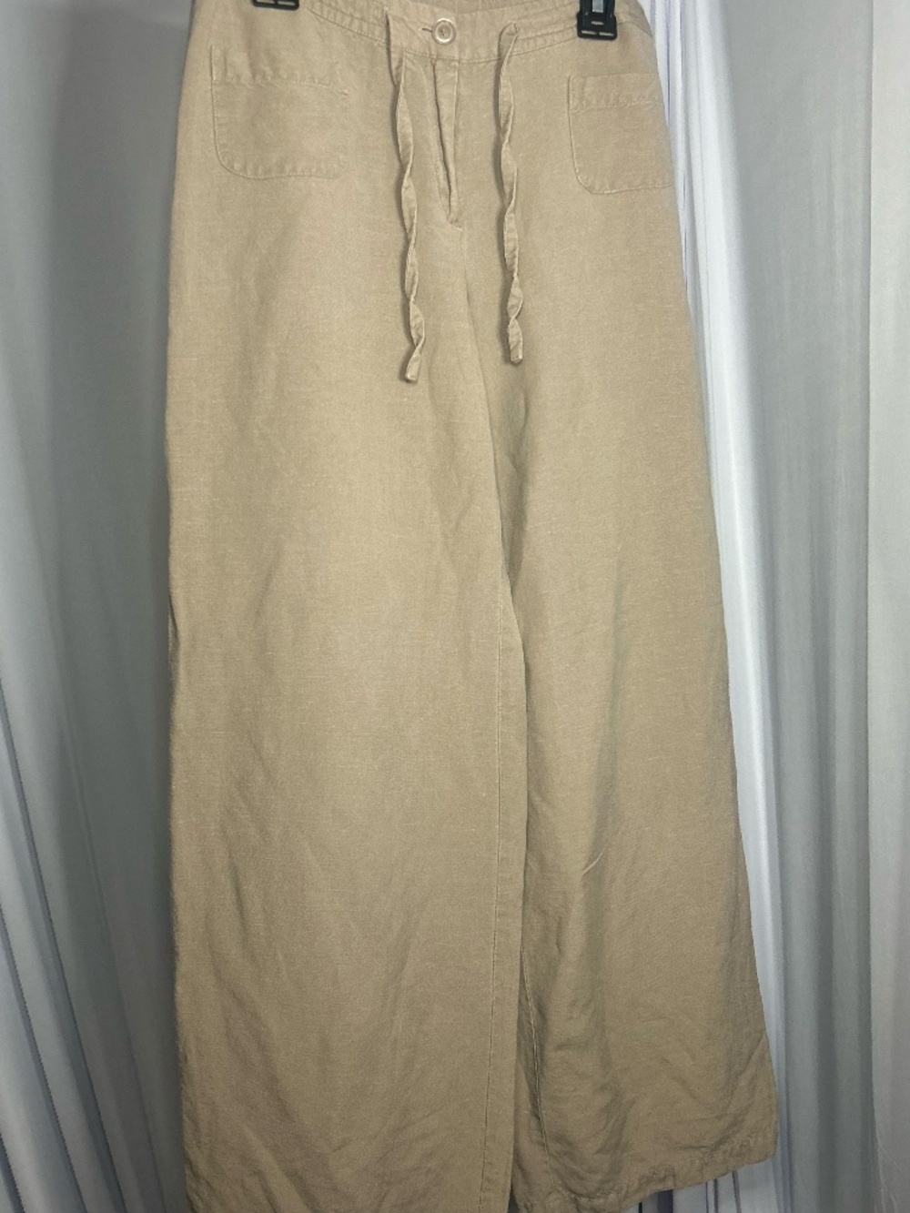 Petite Sophisticate Beige linen blend Wide Leg Drawstring Pants with 2 pockets